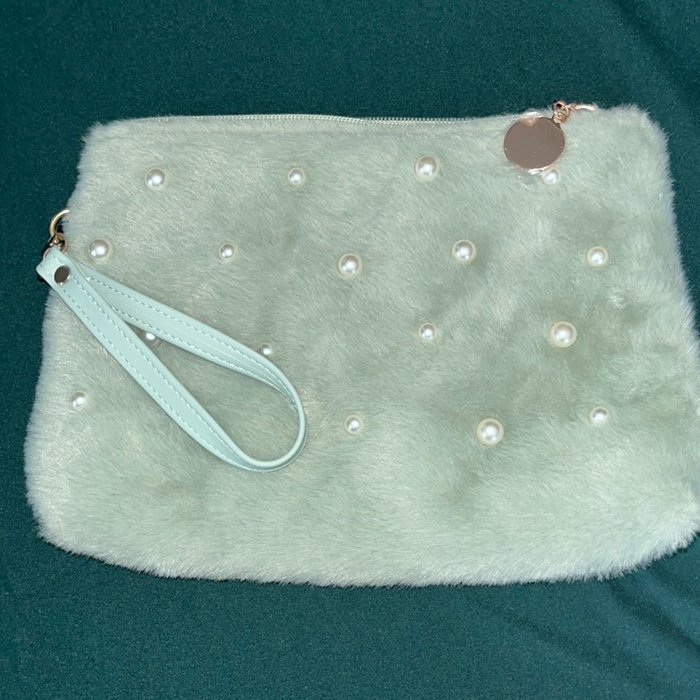 Fuzzy bag with faux pearls